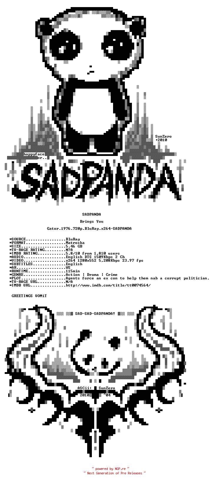 NFO for the release Gator.1976.720p.BluRay.x264-SADPANDA by SADPANDA