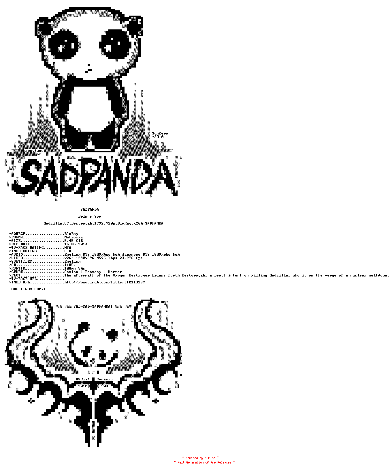 NFO for the release Godzilla.VS.Destroyah.1992.720p.BluRay.x264-SADPANDA by SADPANDA