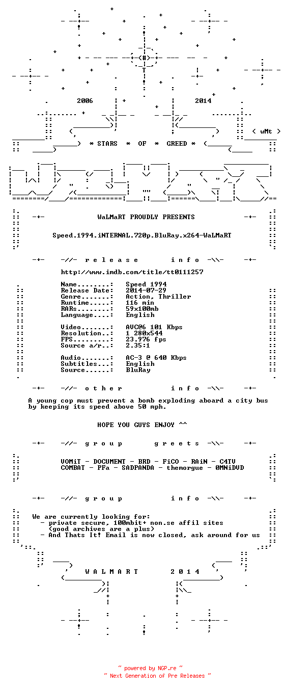 NFO for the release Speed.1994.iNTERNAL.720p.BluRay.x264-WaLMaRT by WaLMaRT