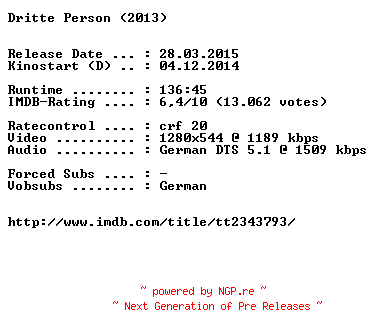 NFO for the release Dritte.Person.German.720p.BluRay.x264-EXQUiSiTE by EXQUiSiTE