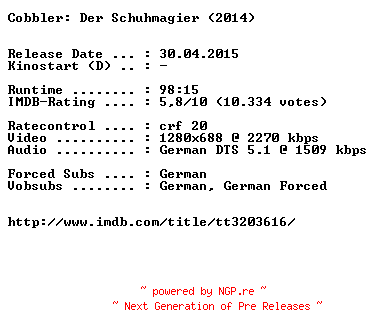 NFO for the release Cobbler.Der.Schuhmagier.2014.German.720p.BluRay.x264-EXQUiSiTE by EXQUiSiTE