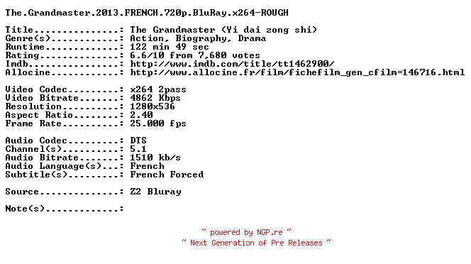 NFO for the release The.Grandmaster.2013.FRENCH.720p.BluRay.x264-ROUGH by ROUGH