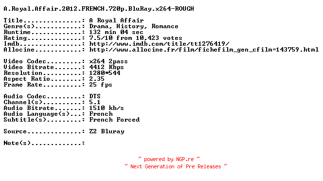 NFO for the release A.Royal.Affair.2012.FRENCH.720p.BluRay.x264-ROUGH by ROUGH