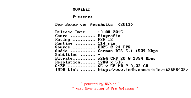 NFO for the release Der.Boxer.von.Auschwitz.2013.German.720p.BluRay.x264-MOViEiT by MOViEiT