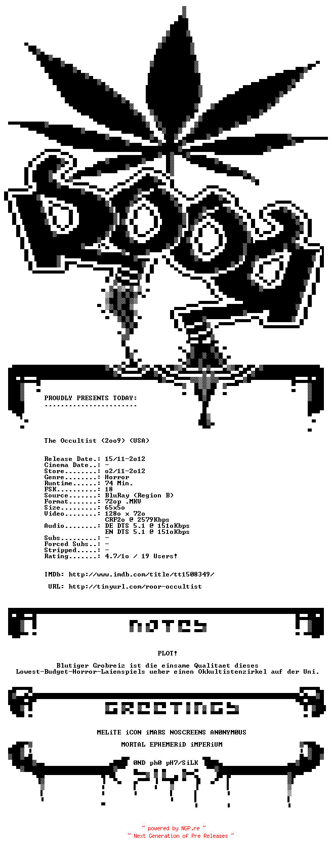 NFO for the release The.Occultist.2009.German.DL.720p.BluRay.x264-ROOR by ROOR