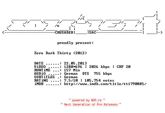 NFO for the release Zero.Dark.Thirty.German.720p.BluRay.x264-CONFiDENT by CONFiDENT