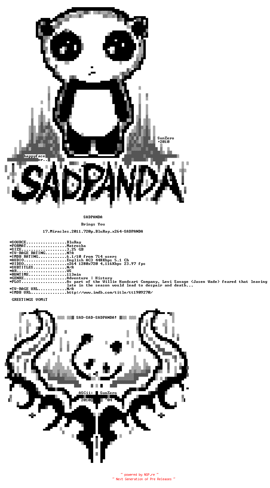 NFO for the release 17.Miracles.2011.720p.BluRay.x264-SADPANDA by SADPANDA