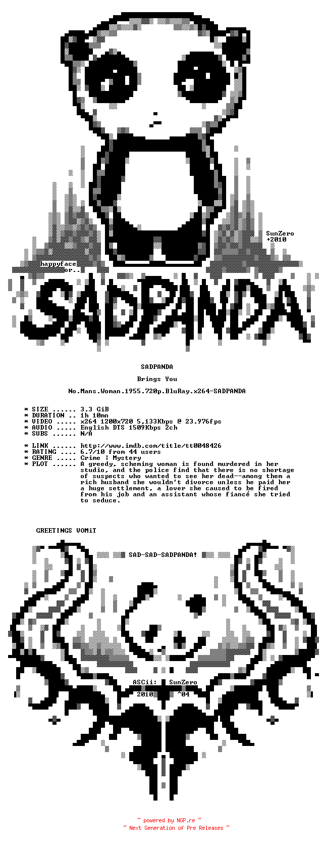NFO for the release No.Mans.Woman.1955.720p.BluRay.x264-SADPANDA by SADPANDA