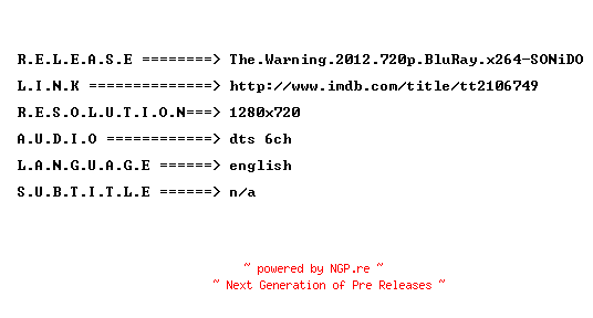 NFO for the release The.Warning.2012.720p.BluRay.x264-SONiDO by SONiDO