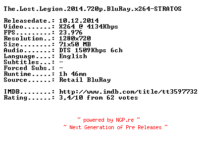 NFO for the release The.Lost.Legion.2014.720p.BluRay.x264-STRATOS by STRATOS