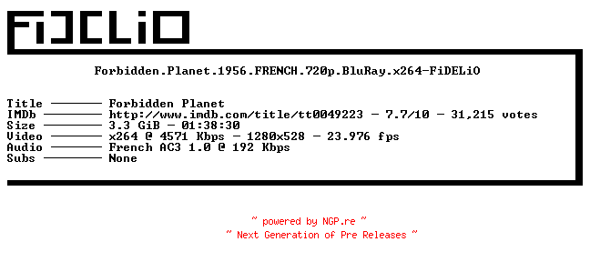 NFO for the release Forbidden.Planet.1956.FRENCH.720p.BluRay.x264-FiDELiO by FiDELiO