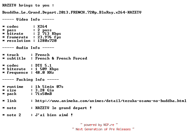 NFO for the release Bouddha.Le.Grand.Depart.2013.FRENCH.720p.BluRay.x264-KAZETV by KAZETV