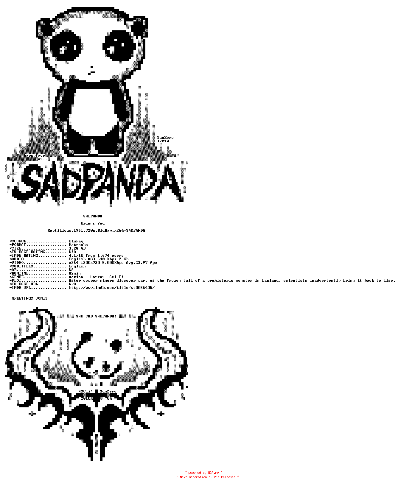 NFO for the release Reptilicus.1961.720p.BluRay.x264-SADPANDA by SADPANDA