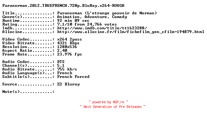 NFO for the release Paranorman.2012.TRUEFRENCH.720p.BluRay.x264-ROUGH by ROUGH