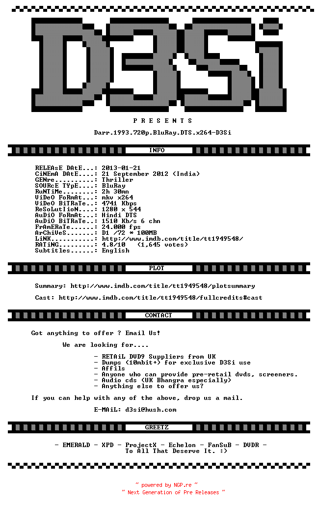 NFO for the release Heroine.2012.720p.BluRay.x264-D3Si by D3Si