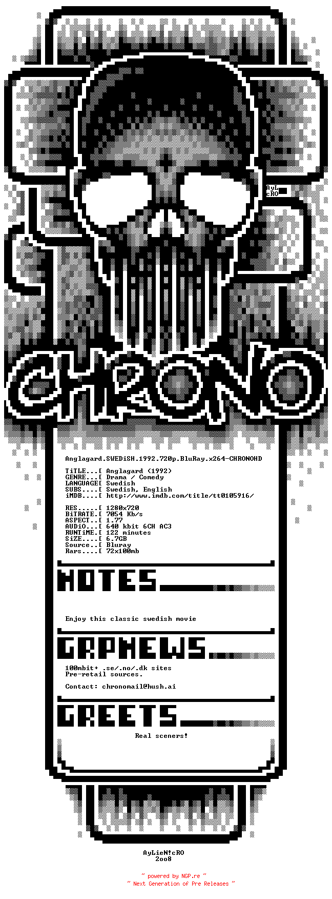 NFO for the release Anglagard.SWEDiSH.1992.720p.BluRay.x264-CHRONOHD by CHRONOHD