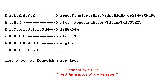 NFO for the release Free.Samples.2012.720p.BluRay.x264-SONiDO by SONiDO