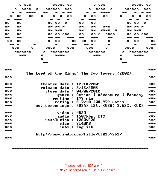 NFO for the release The.Lord.of.the.Rings.The.Two.Towers.2002.720p.Bluray.x264-CBGB by CBGB
