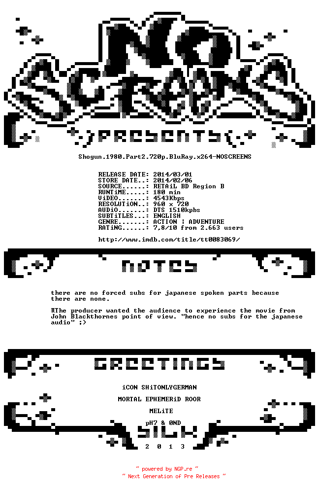 NFO for the release Shogun.1980.Part2.720p.BluRay.x264-NOSCREENS by NOSCREENS