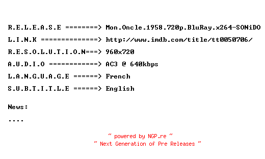 NFO for the release Mon.Oncle.1958.720p.BluRay.x264-SONiDO by SONiDO