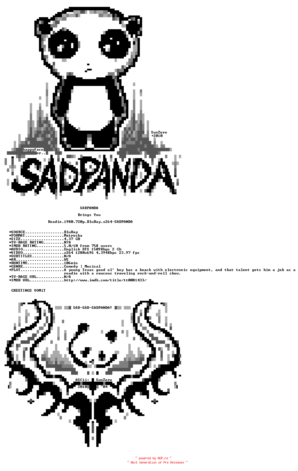 NFO for the release Roadie.1980.720p.BluRay.x264-SADPANDA by SADPANDA