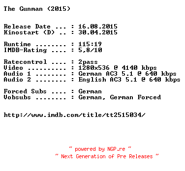NFO for the release The.Gunman.2015.German.DL.720p.BluRay.x264-EXQUiSiTE by EXQUiSiTE