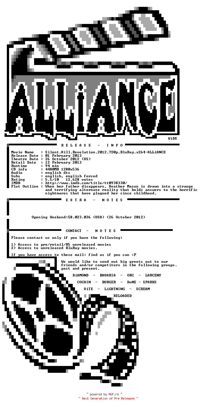 NFO for the release Silent.Hill.Revelation.2012.720p.BluRay.x264-ALLiANCE by ALLiANCE