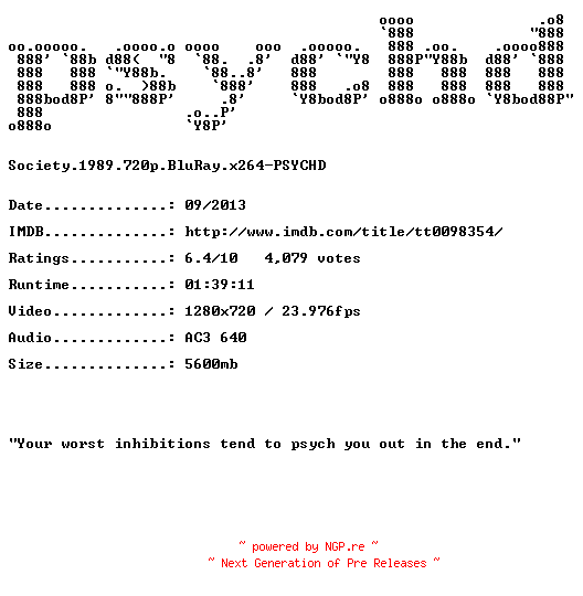 NFO for the release Society.1989.720p.BluRay.x264-PSYCHD by PSYCHD