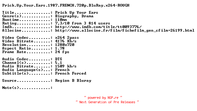 NFO for the release Prick.Up.Your.Ears.1987.FRENCH.720p.BluRay.x264-ROUGH by ROUGH
