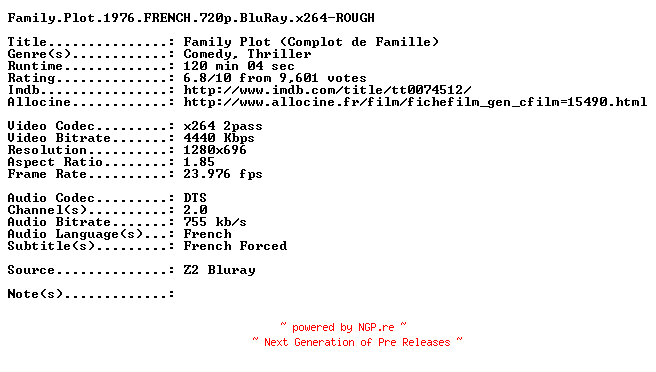 NFO for the release Family.Plot.1976.FRENCH.720p.BluRay.x264-ROUGH by ROUGH