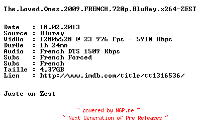 NFO for the release The.Loved.Ones.2009.FRENCH.720p.BluRay.x264-ZEST by ZEST