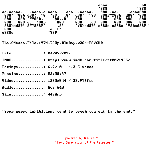 NFO for the release The.Odessa.File.1974.720p.BluRay.x264-PSYCHD by PSYCHD