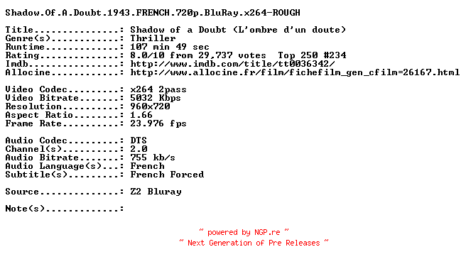 NFO for the release Shadow.Of.A.Doubt.1943.FRENCH.720p.BluRay.x264-ROUGH by ROUGH