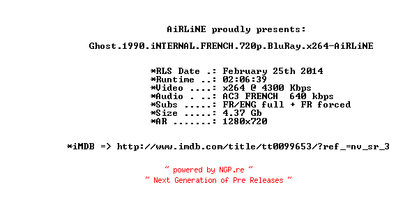NFO for the release Ghost.1990.iNTERNAL.FRENCH.720p.BluRay.x264-AiRLiNE by AiRLiNE