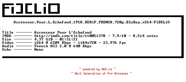 NFO for the release Ascenseur.Pour.L.Echafaud.1958.RERiP.FRENCH.720p.BluRay.x264-FiDELiO by FiDELiO