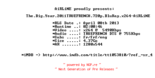 NFO for the release The.Big.Year.2011.TRUEFRENCH.720p.BluRay.x264-AiRLiNE by AiRLiNE