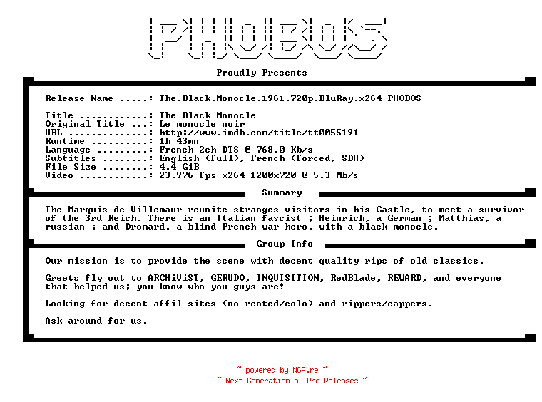 NFO for the release The.Black.Monocle.1961.720p.BluRay.x264-PHOBOS by PHOBOS