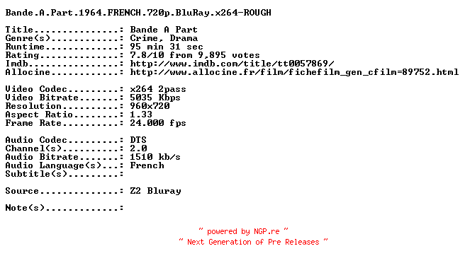 NFO for the release Bande.A.Part.1964.FRENCH.720p.BluRay.x264-ROUGH by ROUGH