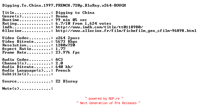 NFO for the release Digging.To.China.1997.FRENCH.720p.BluRay.x264-ROUGH by ROUGH
