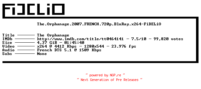 NFO for the release The.Orphanage.2007.FRENCH.720p.BluRay.x264-FiDELiO by FiDELiO
