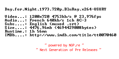 NFO for the release Day.for.Night.1973.720p.BluRay.x264-USURY by USURY