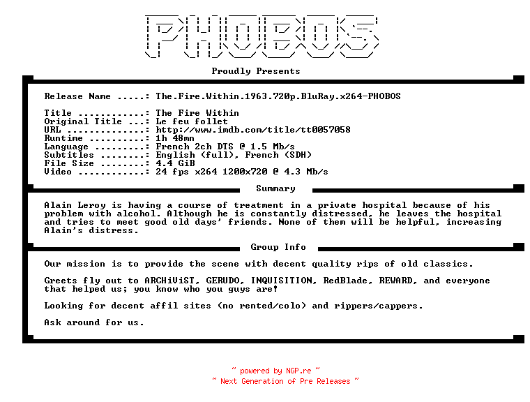 NFO for the release The.Fire.Within.1963.720p.BluRay.x264-PHOBOS by PHOBOS
