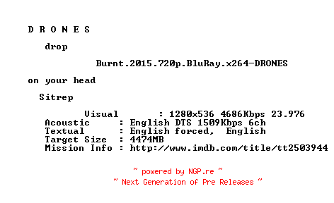 NFO for the release Burnt.2015.720p.BluRay.x264-DRONES by DRONES