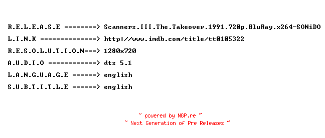 NFO for the release Scanners.III.The.Takeover.1991.720p.BluRay.x264-SONiDO by SONiDO