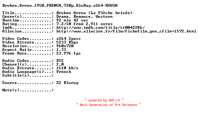 NFO for the release Broken.Arrow.1950.FRENCH.720p.BluRay.x264-ROUGH by ROUGH