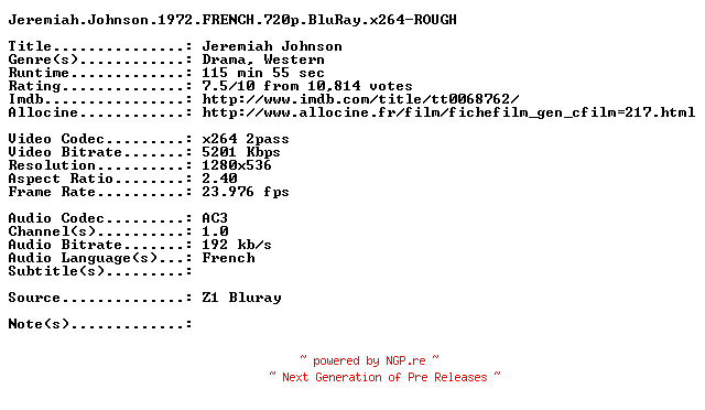 NFO for the release Jeremiah.Johnson.1972.FRENCH.720p.BluRay.x264-ROUGH by ROUGH