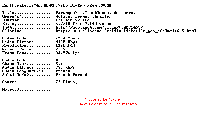 NFO for the release Earthquake.1974.FRENCH.720p.BluRay.x264-ROUGH by ROUGH