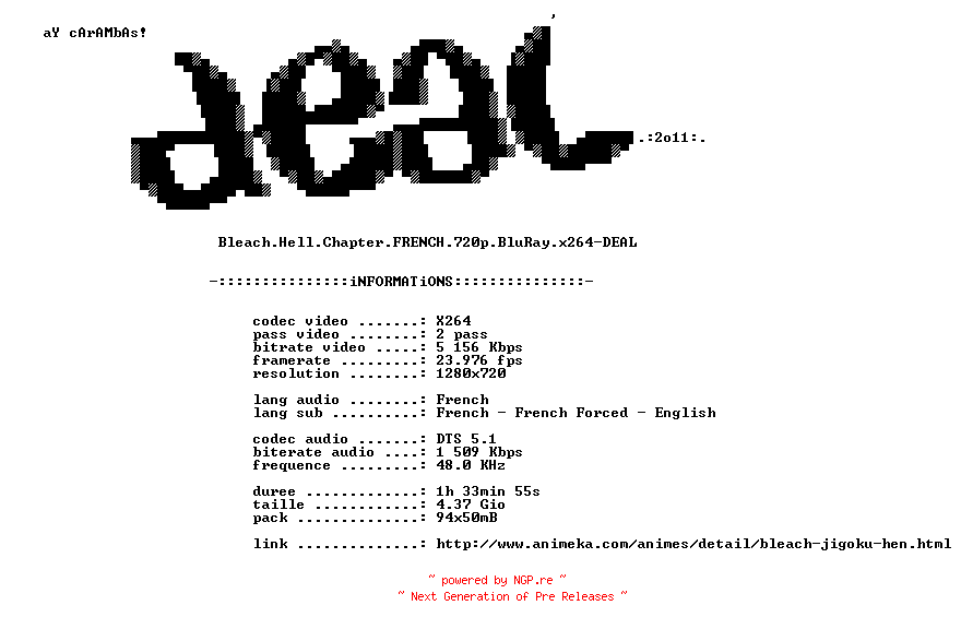 NFO for the release Bleach.Hell.Chapter.FRENCH.720p.BluRay.x264-DEAL by DEAL