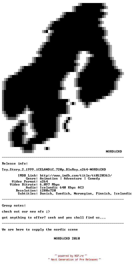 NFO for the release Toy.Story.2.1999.iCELANDiC.720p.BluRay.x264-NORDiCHD by NORDiCHD