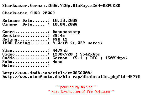 NFO for the release Sharkwater.German.2006.720p.BluRay.x264-DEFUSED by DEFUSED